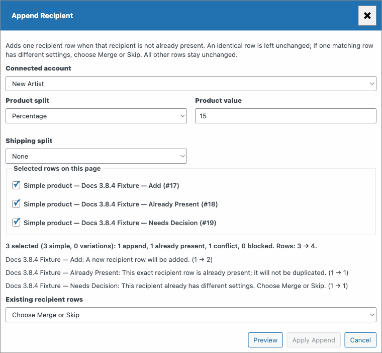 Append Recipient preview showing append, already-present, and conflict results