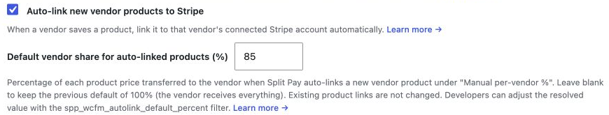 WCFM auto-link setting and the default vendor share field set to 85 percent