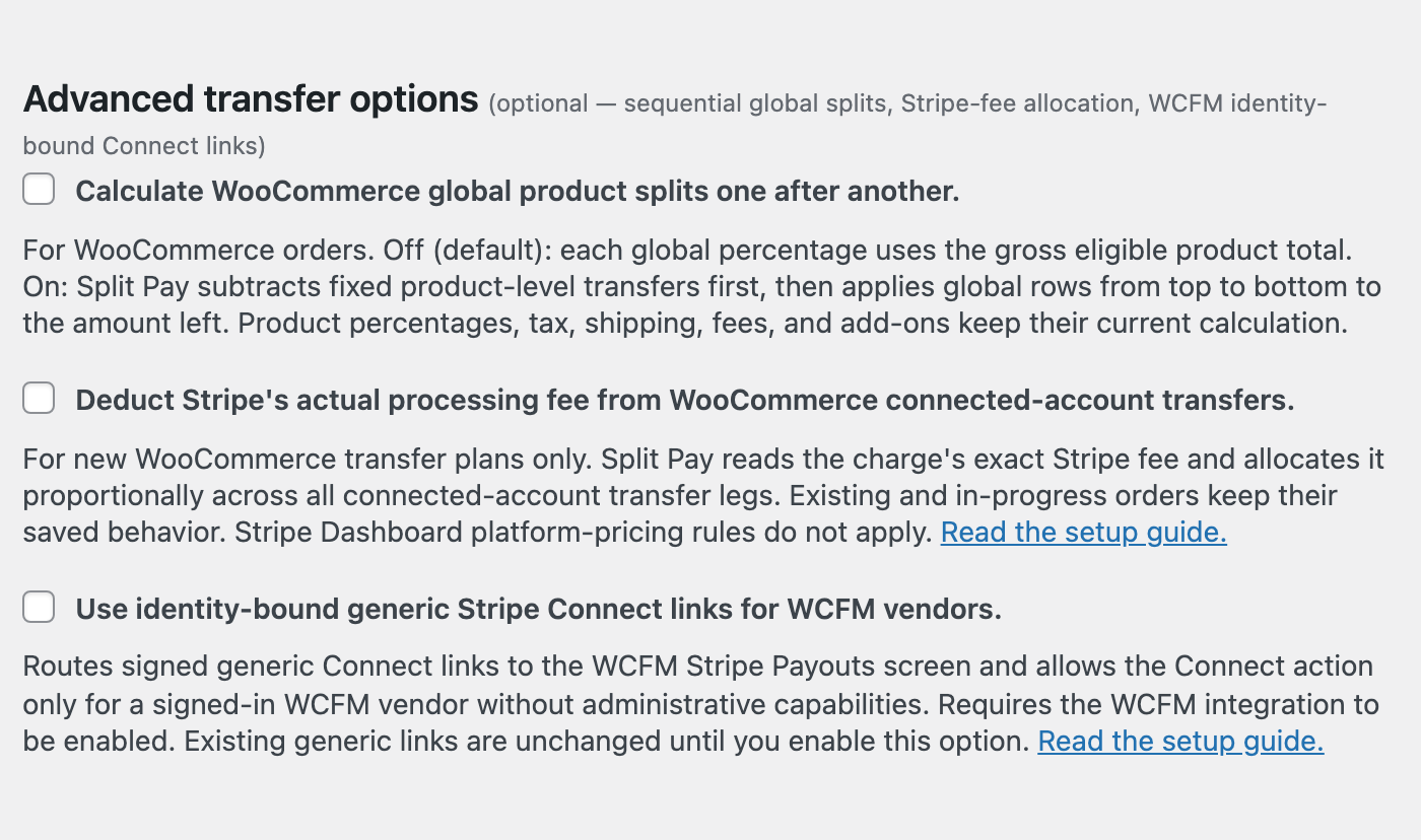 Advanced transfer options on the Split Pay Advanced tab: checkboxes for sequential WooCommerce global product splits, Stripe processing-fee allocation, and identity-bound WCFM Connect links, all unchecked