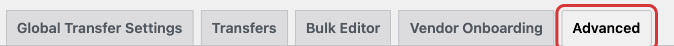 Split Pay settings tabs with Advanced as the last tab, after Vendor Onboarding