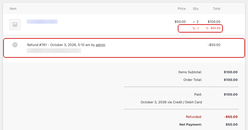 WooCommerce order items: one of two 50 dollar units refunded with refund number 761 while the order was still held