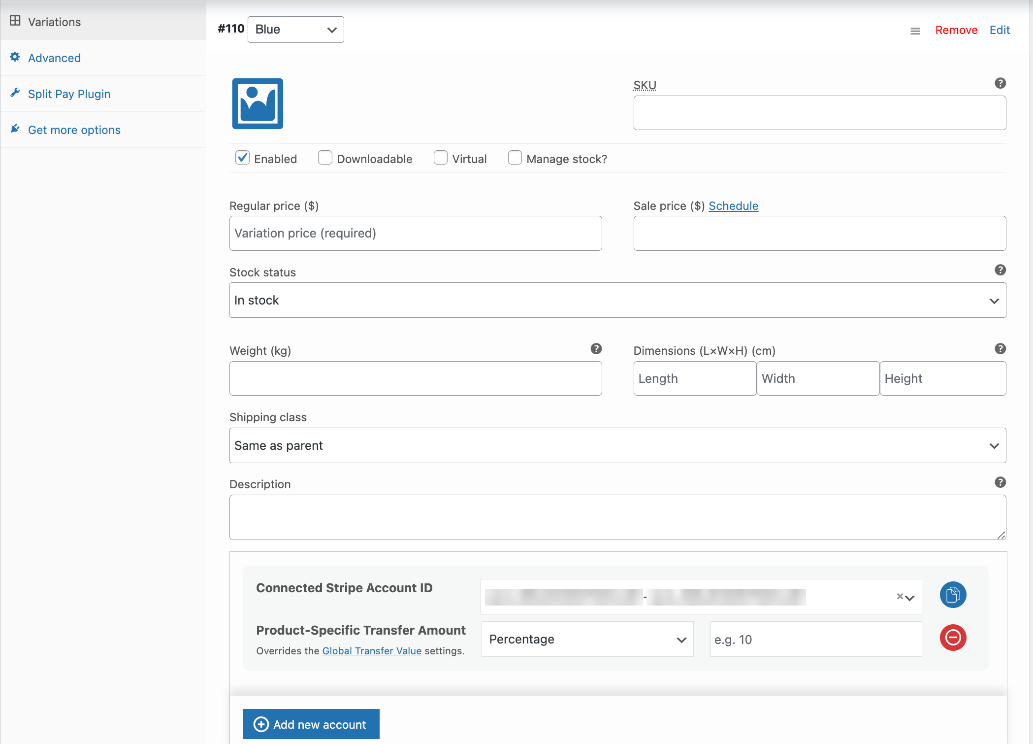 Setting Variable Product Split Transfer Values
