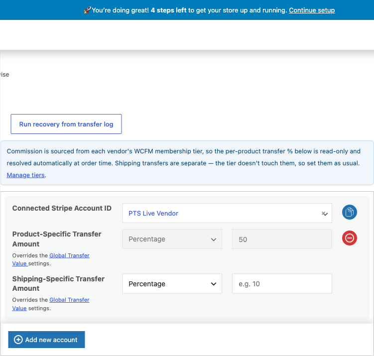 A product's Split Pay panel in WCFM membership mode: a read-only note explains the commission comes from the membership tier, and the transfer type and amount fields are greyed out