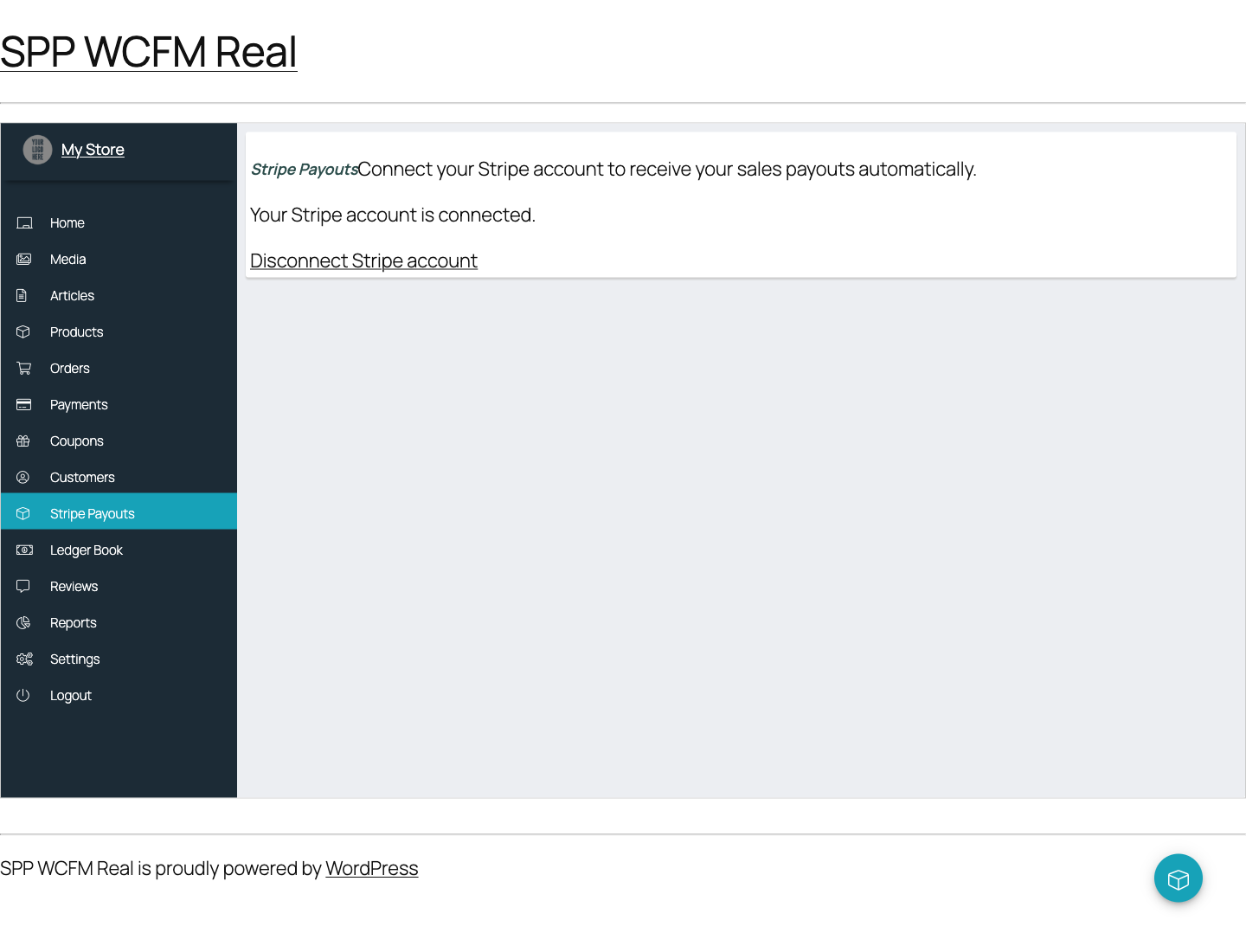 The WCFM vendor dashboard Stripe Payouts tab after onboarding, confirming the account is connected and offering a Disconnect Stripe account button