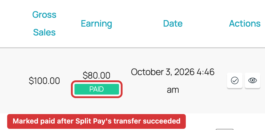 WCFM vendor Orders list: an order line with 100.00 dollars gross sales and 80.00 dollars earning marked PAID after Split Pay's transfer succeeded